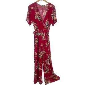 New‎ York Company Red Floral Pantsuit Jumpsuit Stretch V Neck Belted Size Medium
